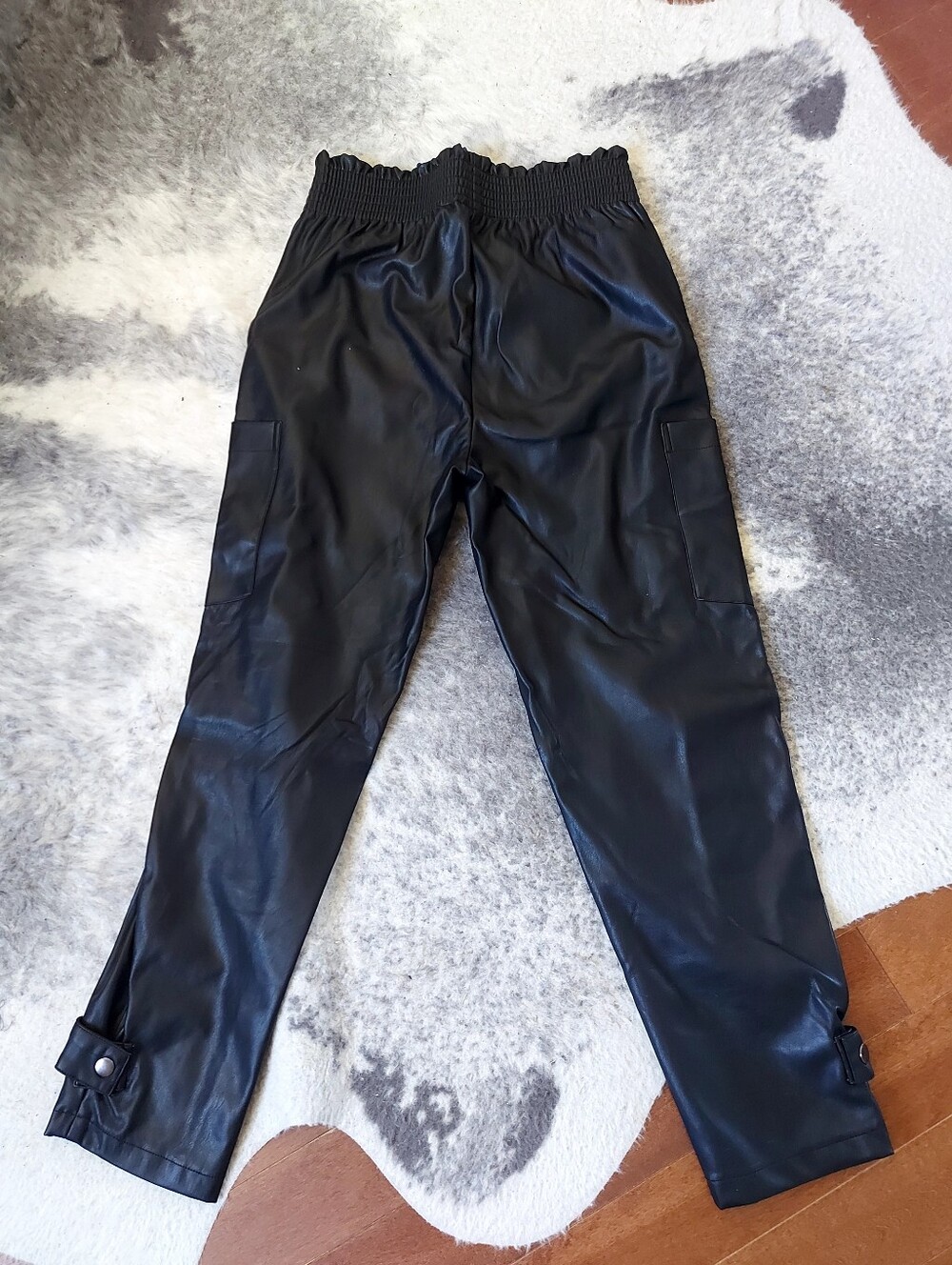 Exquisite Black Faux Leather Cargo Pants